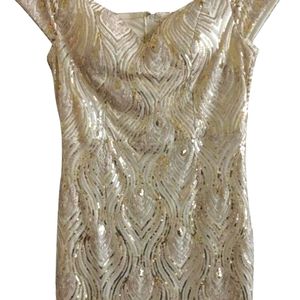 XTAREN | Sequin Dress, Cream & Gold, Off The Shoulder, Form Fitting